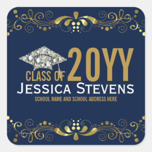 Navy Blue With Faux Gold Lace & Diamonds Grad Hat Square Sticker