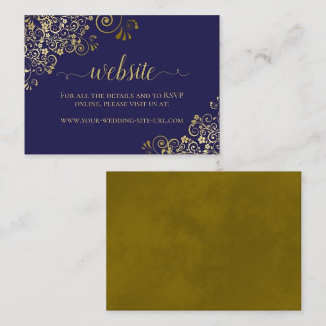Navy Blue with Gold Floral Lace Wedding Website Enclosure Card (Front/Back)