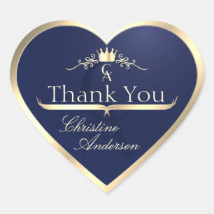 Navy Blue with Gold Frame and Monogram Thank You Heart Sticker