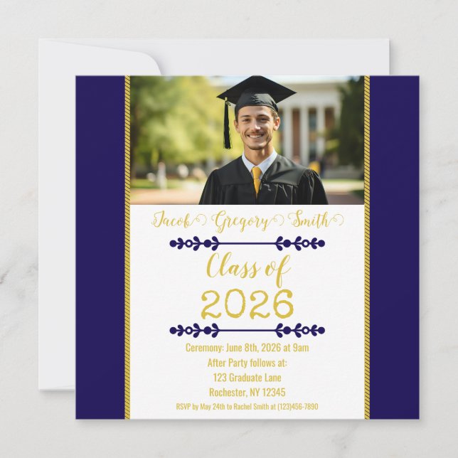 Navy Blue with Gold Graduation Invitation (Front)