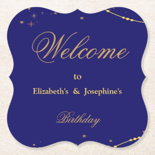 Navy blue with gold stars double joint birthday Paper Coaster