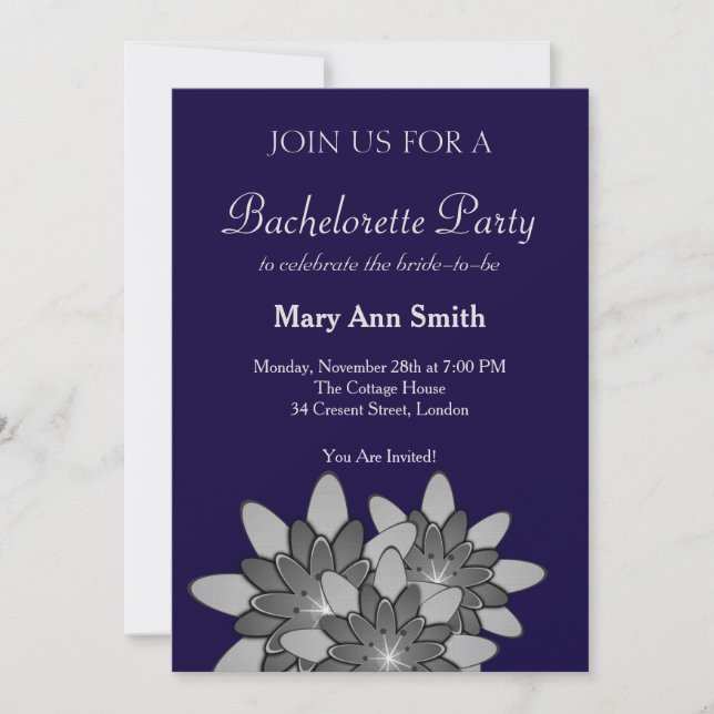 Navy Blue with Grey Floral Lotus Invitation (Front)