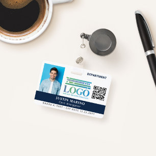 Navy Blue with Logo Photo QR Code Employee ID ID Badge
