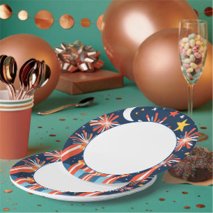Navy Blue with Minimalist Fireworks and Moon Paper Plate