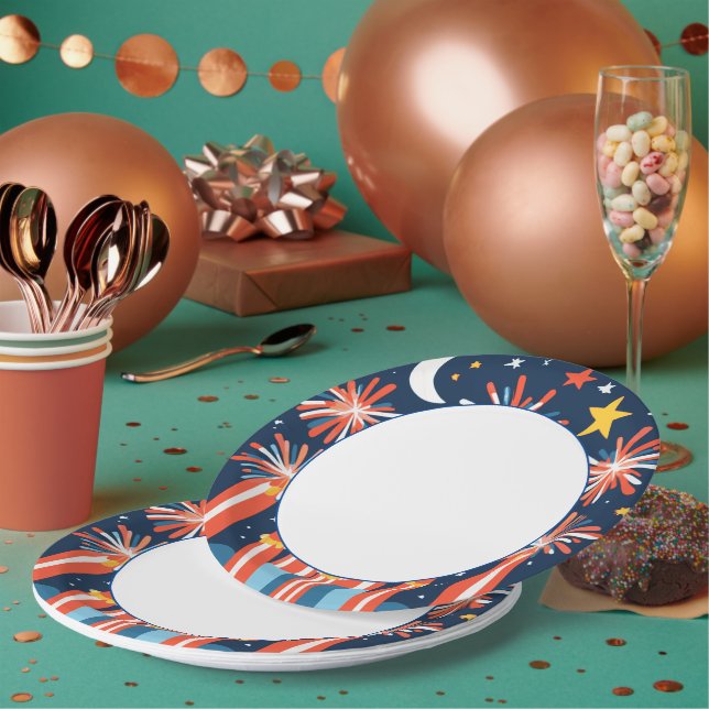 Navy Blue with Minimalist Fireworks and Moon Paper Plate (Multi)