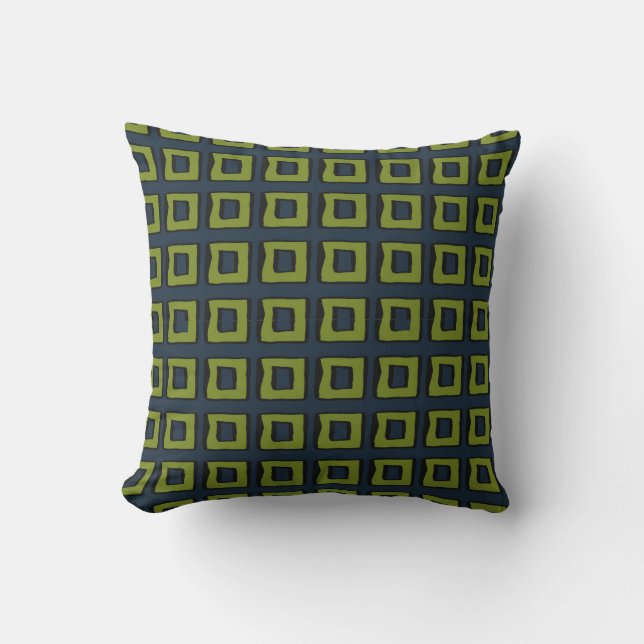 Navy Blue with Moss Green Boxes Squares Cushion (Front)