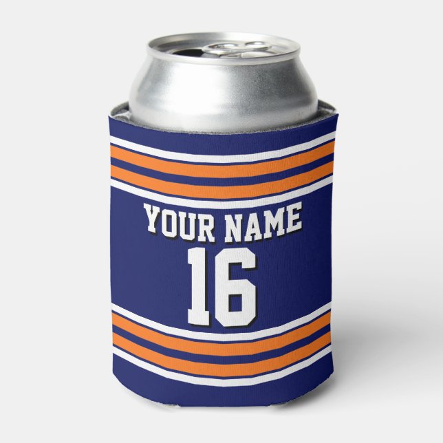 Navy Blue with Orange White Stripes Team Jersey Can Cooler (Can Front)