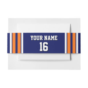 Navy Blue with Orange White Stripes Team Jersey Invitation Belly Band