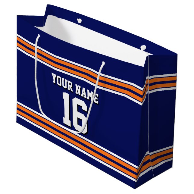 Navy Blue with Orange White Stripes Team Jersey Large Gift Bag (Front Angled)