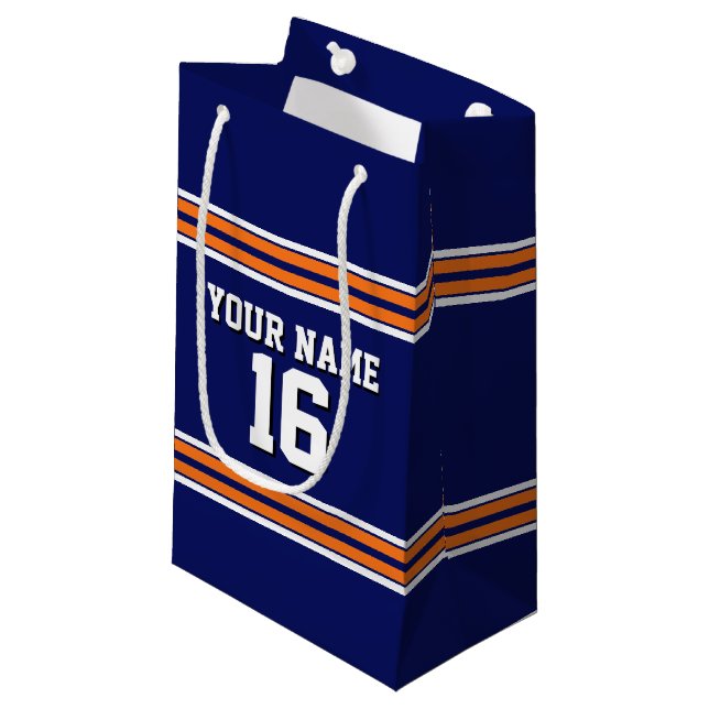 Navy Blue with Orange White Stripes Team Jersey Small Gift Bag (Front Angled)