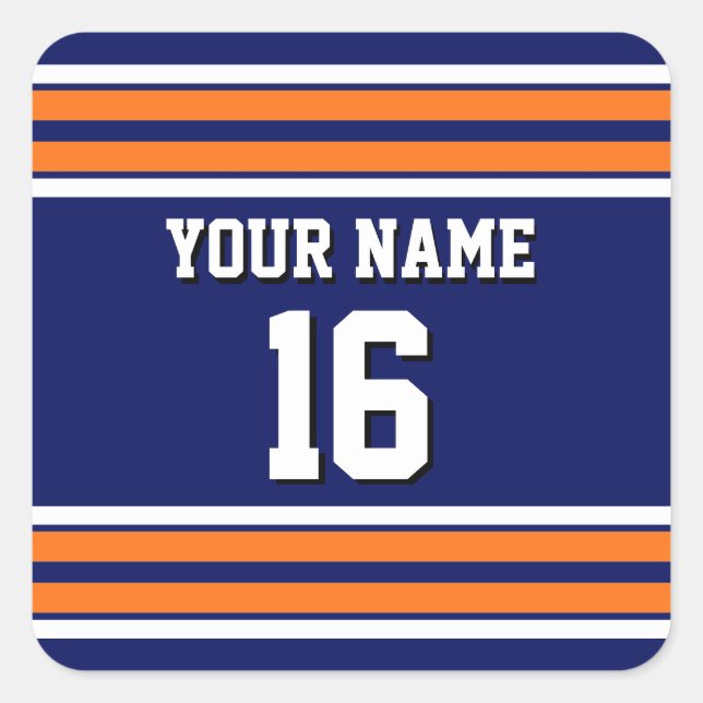 Navy Blue with Orange White Stripes Team Jersey Square Sticker (Front)