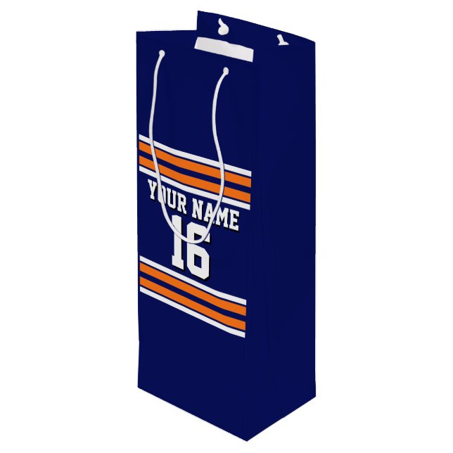 Navy Blue with Orange White Stripes Team Jersey Wine Gift Bag (Back Angled)