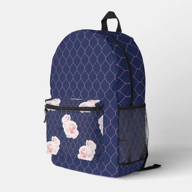NAVY BLUE WITH PASTEL PINK WATERCOLOR ROSES PRINTED BACKPACK (Back Corner Right)