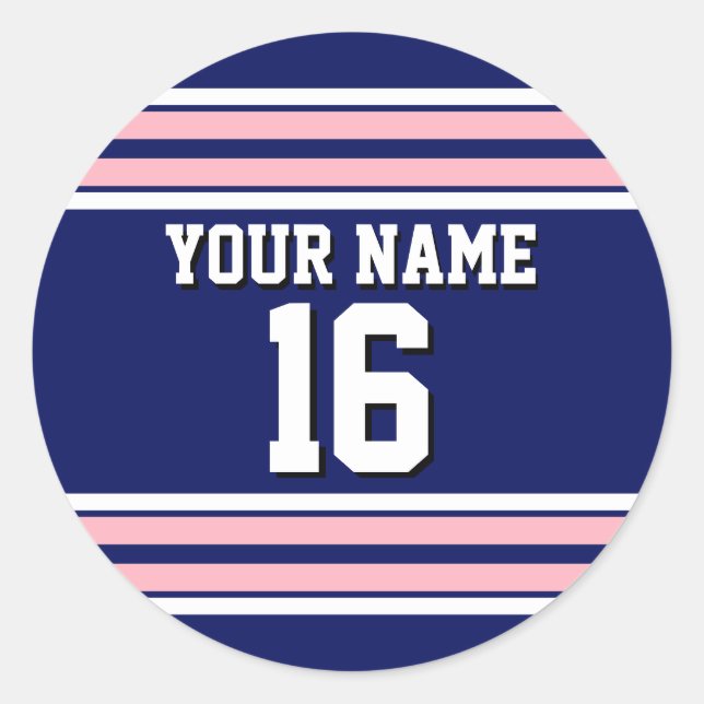 Navy Blue with Pink White Stripes Team Jersey Classic Round Sticker (Front)