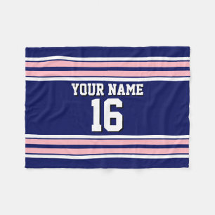 Navy Blue with Pink White Stripes Team Jersey Fleece Blanket