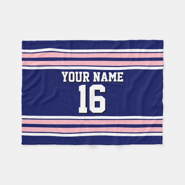 Navy Blue with Pink White Stripes Team Jersey Fleece Blanket (Front (Horizontal))