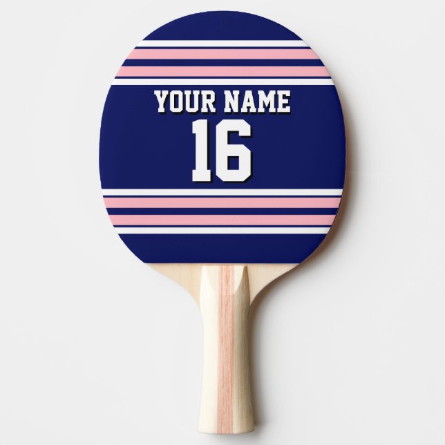 Navy Blue with Pink White Stripes Team Jersey Ping Pong Paddle (Front)