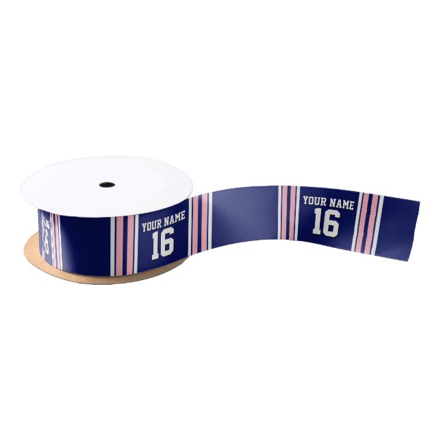 Navy Blue with Pink White Stripes Team Jersey Satin Ribbon (Spool)