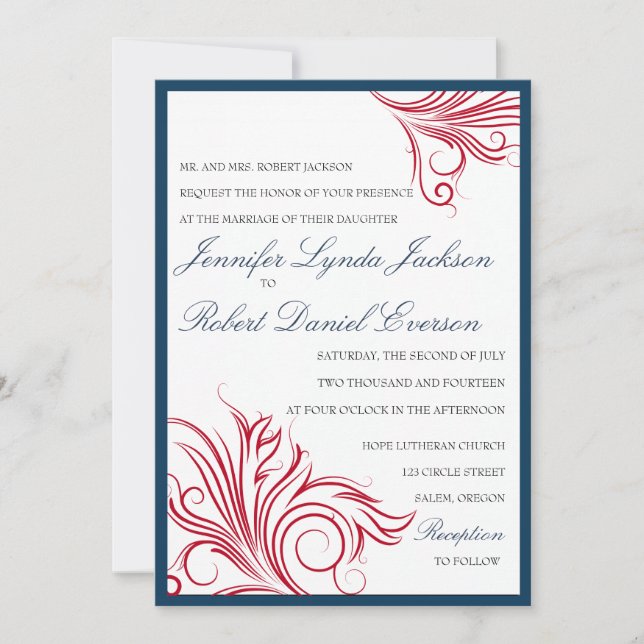 Navy blue with red swirls wedding invitations (Front)