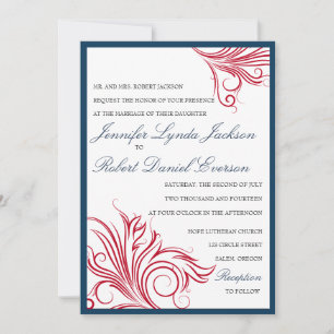 Navy blue with red swirls wedding invitations