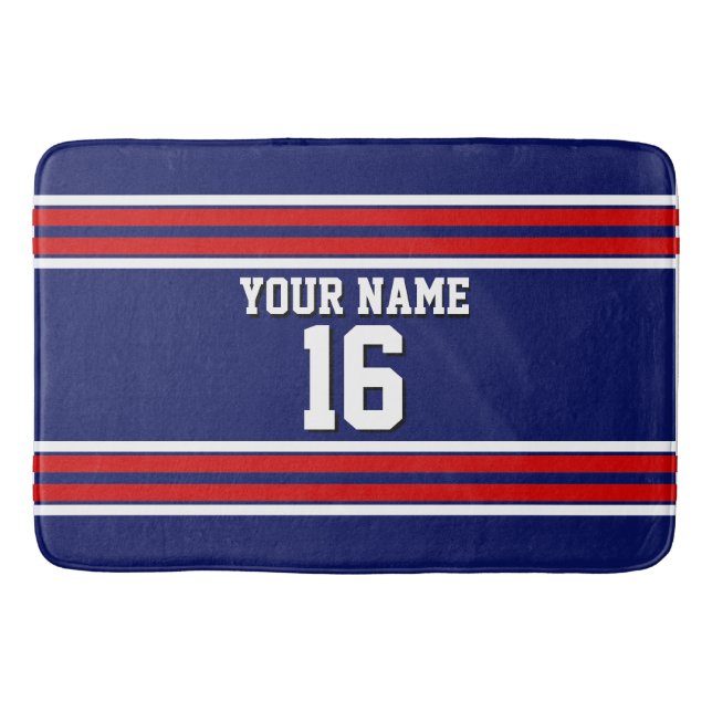 Navy Blue with Red White Stripes Team Jersey Bath Mat (Front)