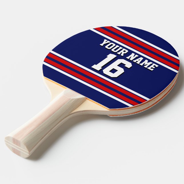 Navy Blue with Red White Stripes Team Jersey Ping Pong Paddle (Front Angle)