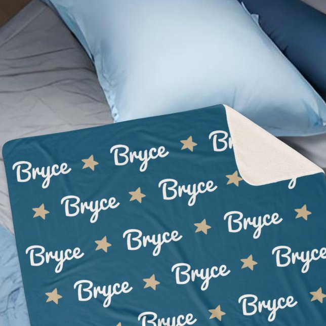 Navy Blue with Tan Stars Repeating Name Sherpa Blanket (Creator Uploaded)