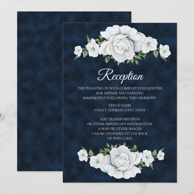 Navy Blue with White Floral Wedding Reception Invitation (Front/Back)