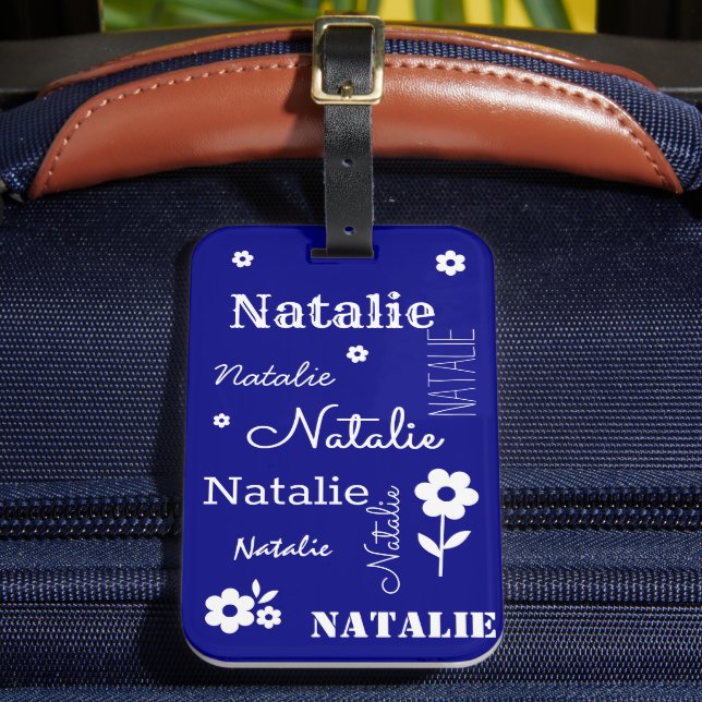 Navy Blue with White Flowers, Customised Luggage Tag (Front Insitu 2)