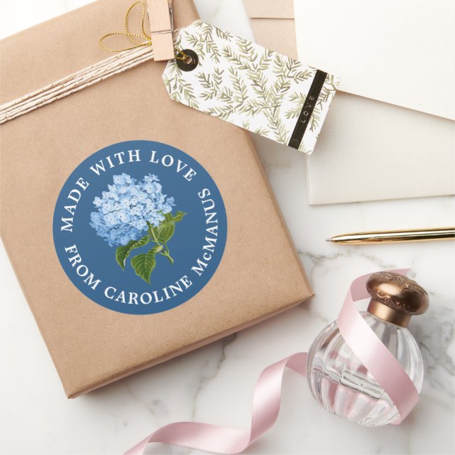 Navy Blue with White Hydrangea Made with Love Classic Round Sticker (Gifting)