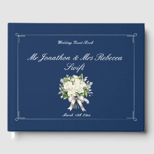 Navy Blue With White Rose's Wedding Guest Book