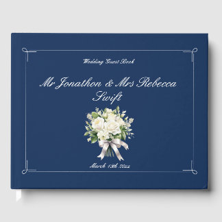 Navy Blue With White Rose's Wedding Guest Book