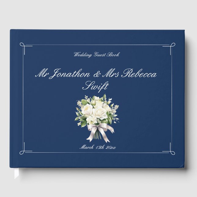 Navy Blue With White Rose's Wedding Guest Book (Front)