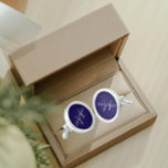 Navy Blue with White Stylised Monogram Cufflinks<br><div class="desc">A pair of sterling silver plated, round cufflinks for the fashionable man to match his outfit that feature a trendy, navy blue colour along with his name printed in white, upper case letters and superimposed with white, stylised initials. Personalise your cufflinks by editing and replacing name and initials as desired....</div>