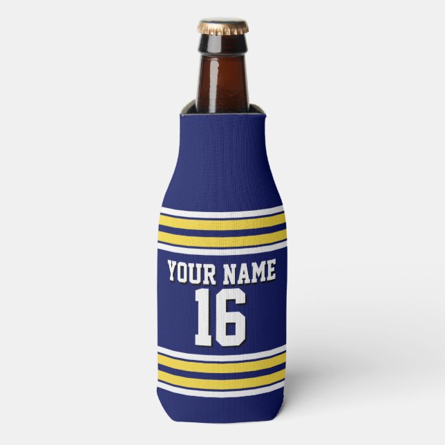 Navy Blue with Yellow White Stripes Team Jersey Bottle Cooler (Bottle Front)