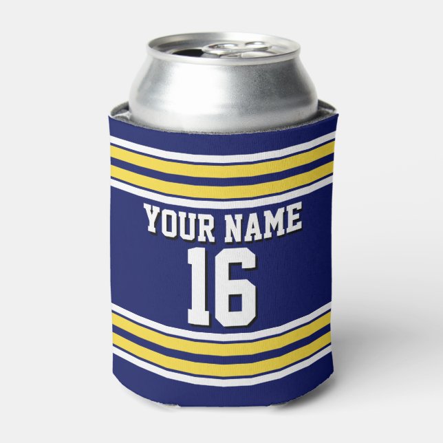Navy Blue with Yellow White Stripes Team Jersey Can Cooler (Can Front)