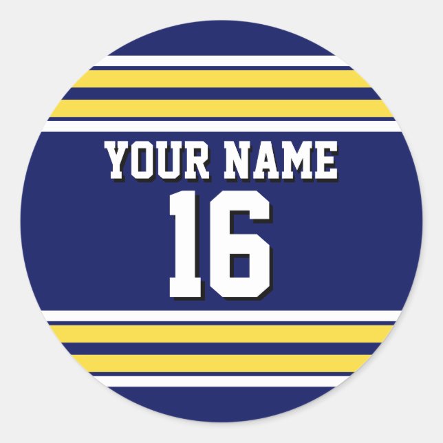 Navy Blue with Yellow White Stripes Team Jersey Classic Round Sticker (Front)
