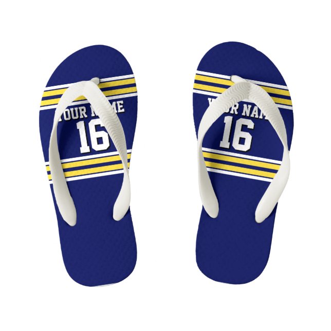 Navy Blue with Yellow White Stripes Team Jersey Kid's Flip Flops (Footbed)