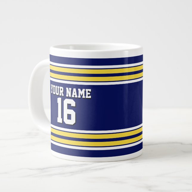 Navy Blue with Yellow White Stripes Team Jersey Large Coffee Mug (Front Left)