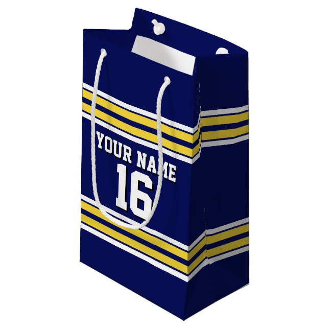 Navy Blue with Yellow White Stripes Team Jersey Small Gift Bag (Front Angled)