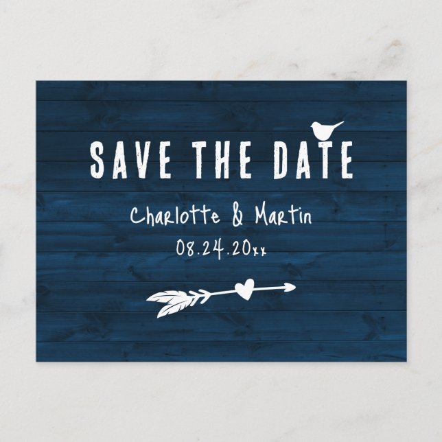 Navy Blue Wood Arrow Boho Wedding Save The Date Postcard (Front)