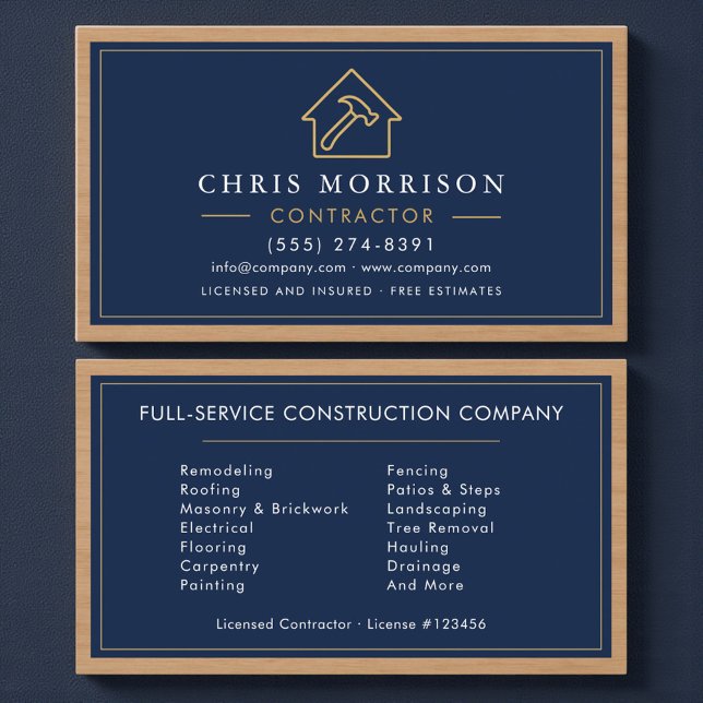 Navy Blue Wood Building Construction Business Card (Creator Uploaded)