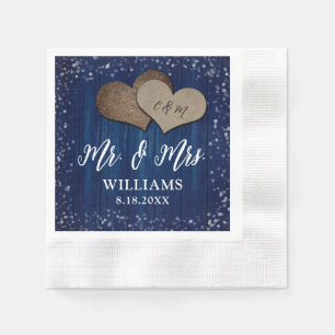 Navy Blue Wood Burlap Hearts Mr. & Mrs. Wedding Napkin