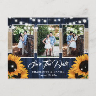 Navy Blue Wood Burlap Lace Lights Sunflower Photo Announcement Postcard