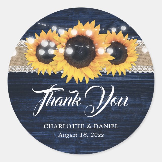 Navy Blue Wood Burlap Lace Sunflower Wedding Classic Round Sticker (Front)