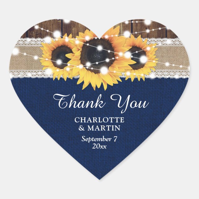 Navy Blue Wood Burlap Lace Sunflower Wedding Heart Sticker (Front)