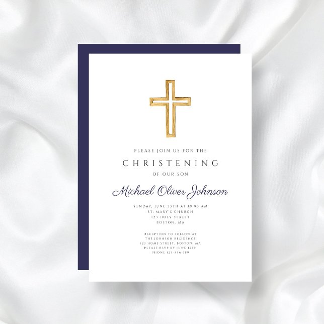 Navy Blue Wood Cross Religious Boy Christening  Invitation (Navy Blue Wood Cross Religious Boy Christening Invitation)