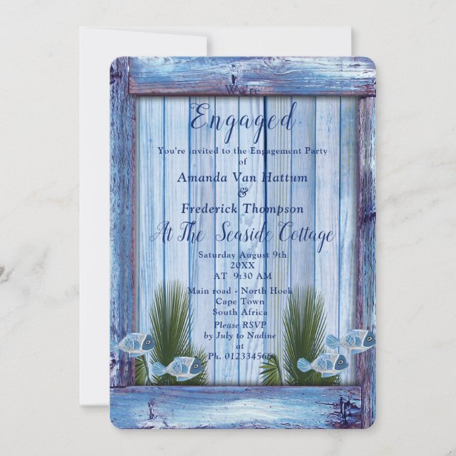 Navy - Blue  Wood & Fish Engagement Invitation (Front)