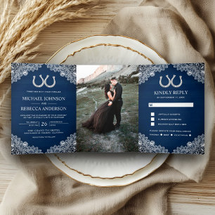 Navy Blue Wood Horseshoes Lace Wedding Photo Tri-Fold Invitation