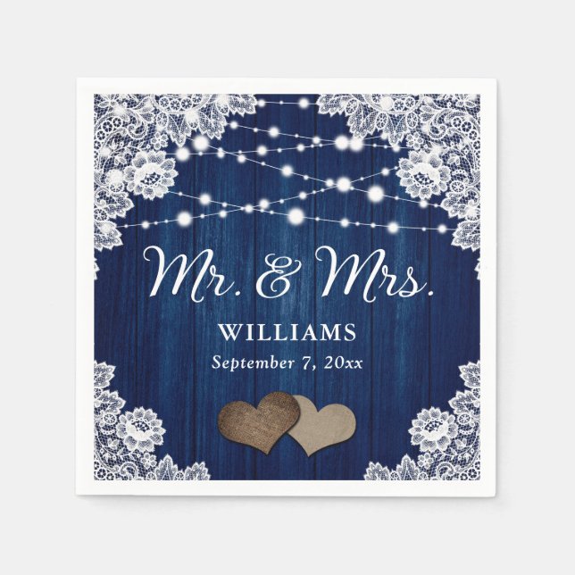 Navy Blue Wood Lace Hearts String Lights Wedding Napkin (Front)